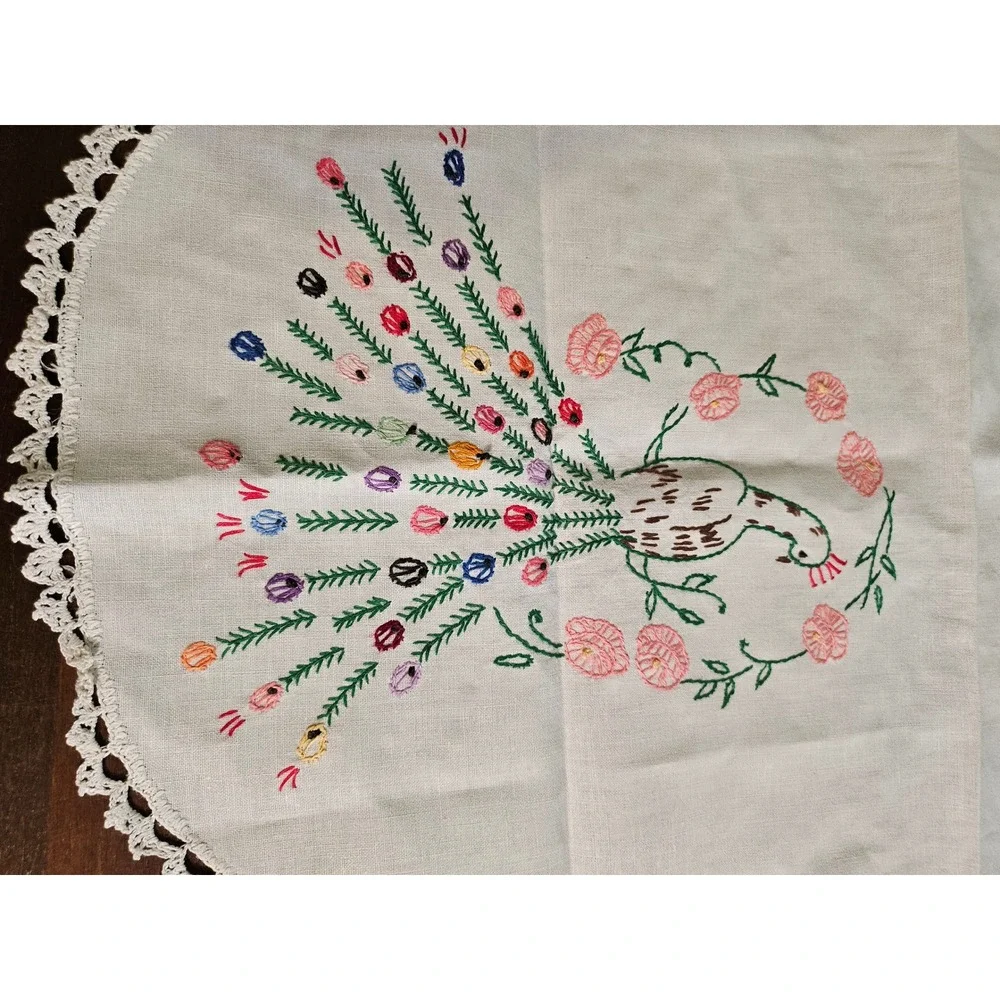 Hand Embroidered Table Runner White Peacock Floral Lace Trim